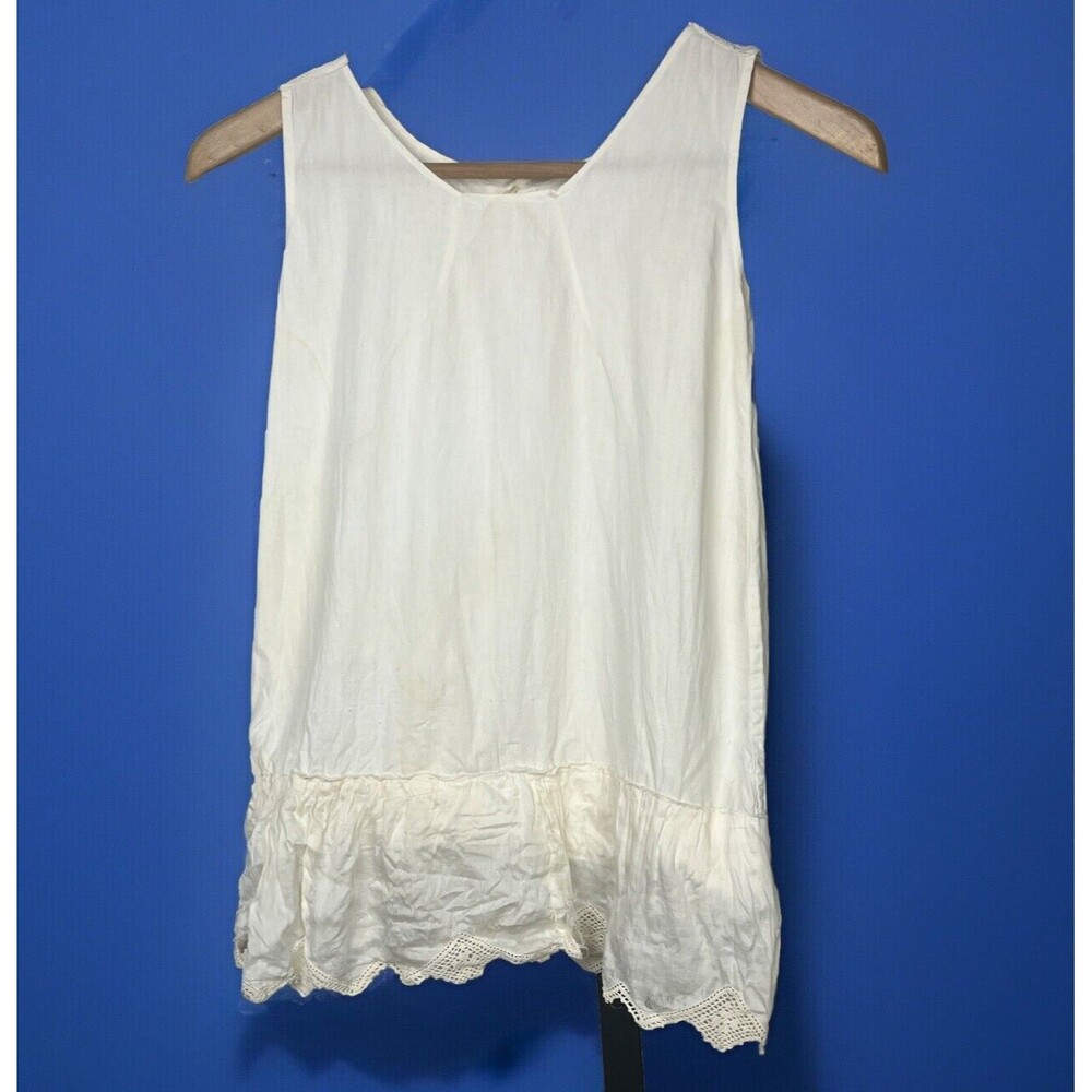Antique Dress Slip Sleeveless Crochet Ruffle Hem Handmade Buttons Cream Country
